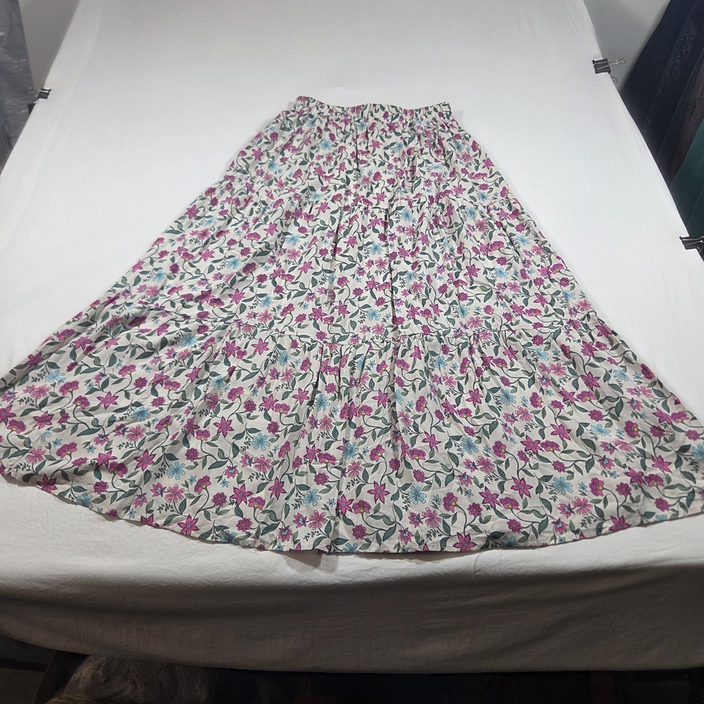 shosho White Floral Maxi Skirt A line  Small Pink & Green Print Boho Layered - Picture 9 of 9
